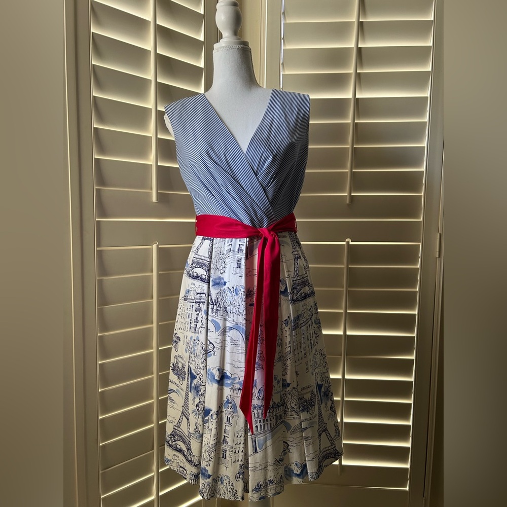 Chetta B Blue and White Dress with Red Accent